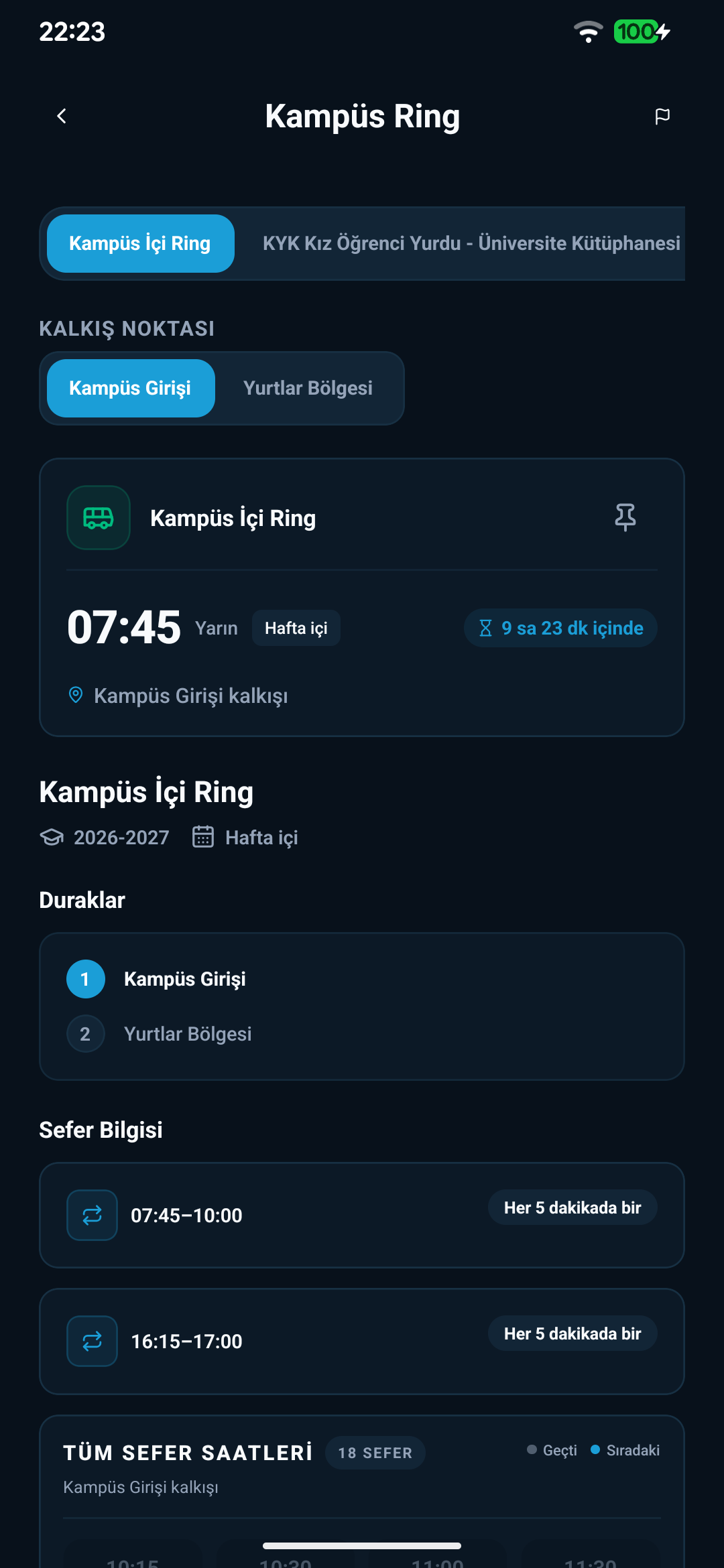 CampuWise Kampüs Ring Seferleri Ekranı